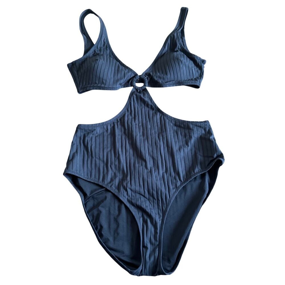 Aerie Womens Black Ribbed Cut Out Ring One Piece Monokini Swim Suit Size Large